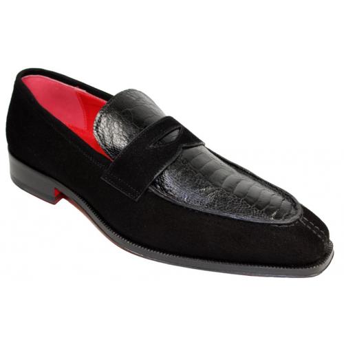 Fennix Italy "Harry" Black Genuine Ostrich / Suede Loafers Shoes.